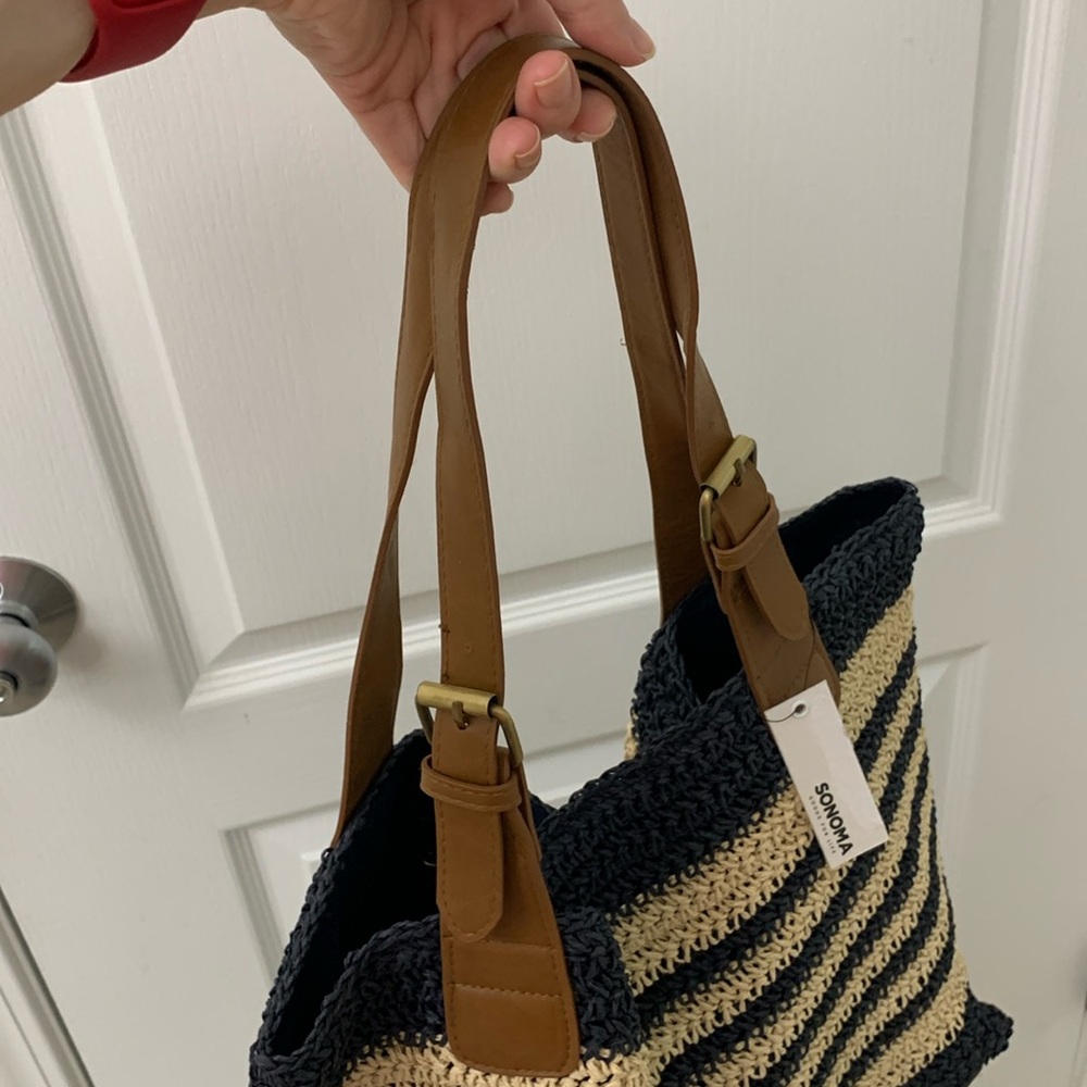 Navy Blue and Cream Striped Woven Straw Tote Bag - Picture 11 of 17